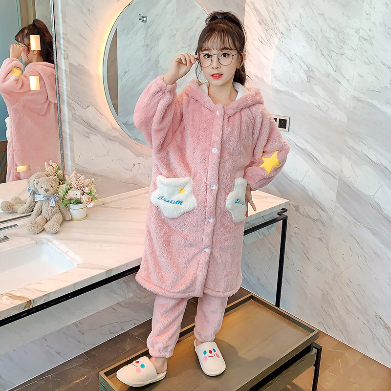 儿童睡衣珊瑚绒秋冬季加厚款星星云朵法兰绒女童孩睡袍家居服套装 - 图2