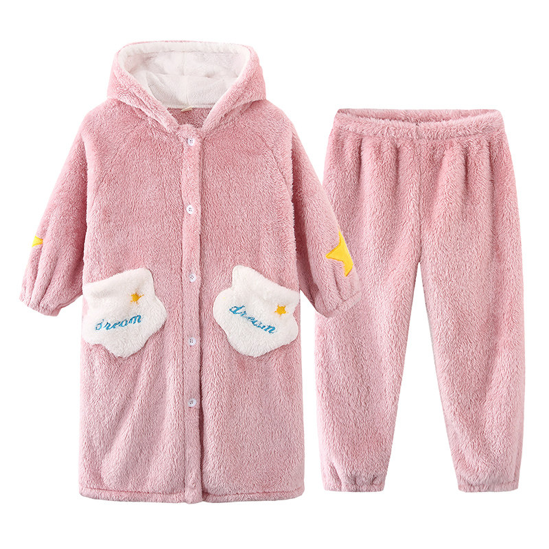 儿童睡衣珊瑚绒秋冬季加厚款星星云朵法兰绒女童孩睡袍家居服套装 - 图3