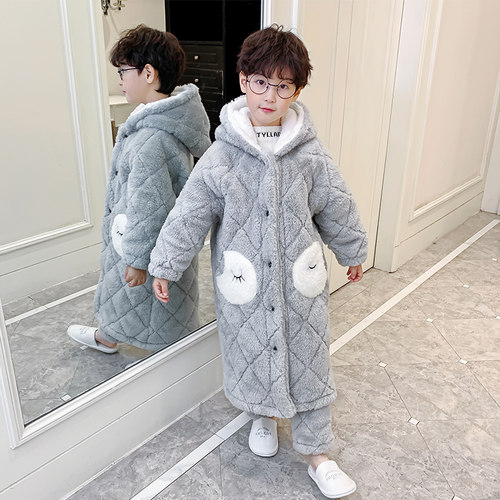 儿童睡衣秋冬季加厚款三层夹棉男童孩珊瑚绒法兰绒睡袍保暖家居服 - 图2