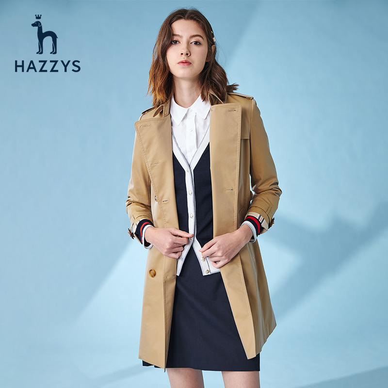 Hazzys哈吉斯官方女士风衣韩版新款中长款英伦风春季经典时尚外套