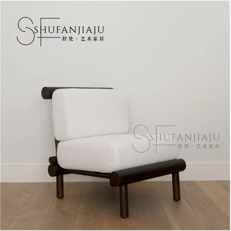 新中式民宿会所布艺休闲椅客厅实木单人椅设计师样板间中古沙发椅 - 图3
