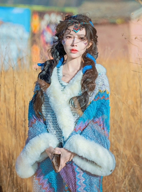 春秋款流苏度假风女毛毛球披肩