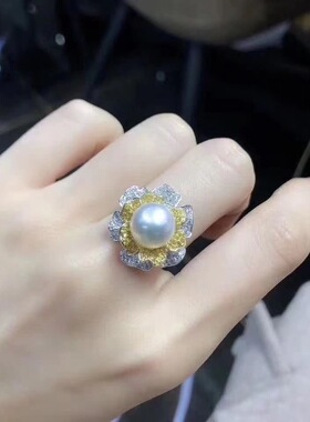 纯天然海水珍珠戒指花朵11-12mm正圆强光极微瑕925银镀18K白金