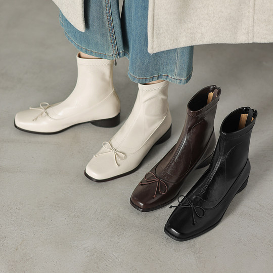Genuine leather retro bow thick heel square toe elastic short boots