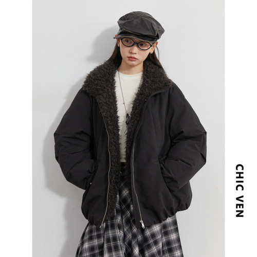 CV大码女装冬新款简约宽松廓形毛毛拼接夹克羽绒服设计感外套胖mm - 图0