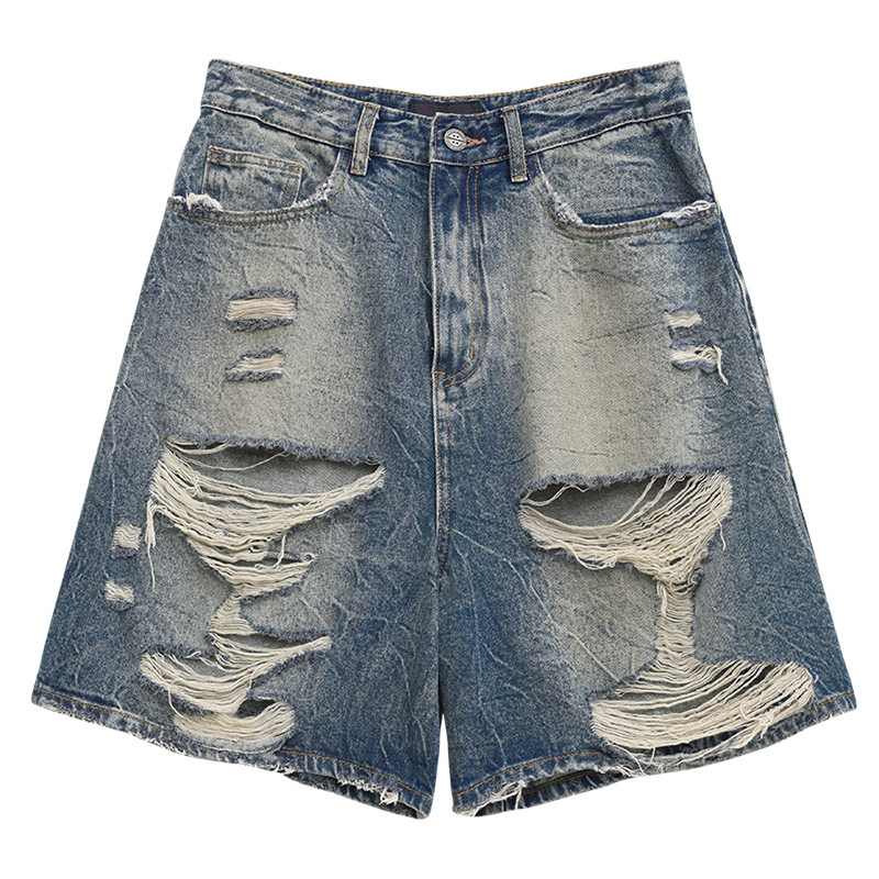 CV大码女装 2025夏季新款做旧破洞毛边牛仔短裤阔腿裤五分中裤女,淘宝优惠券,粉丝福利购,淘宝优惠卷
