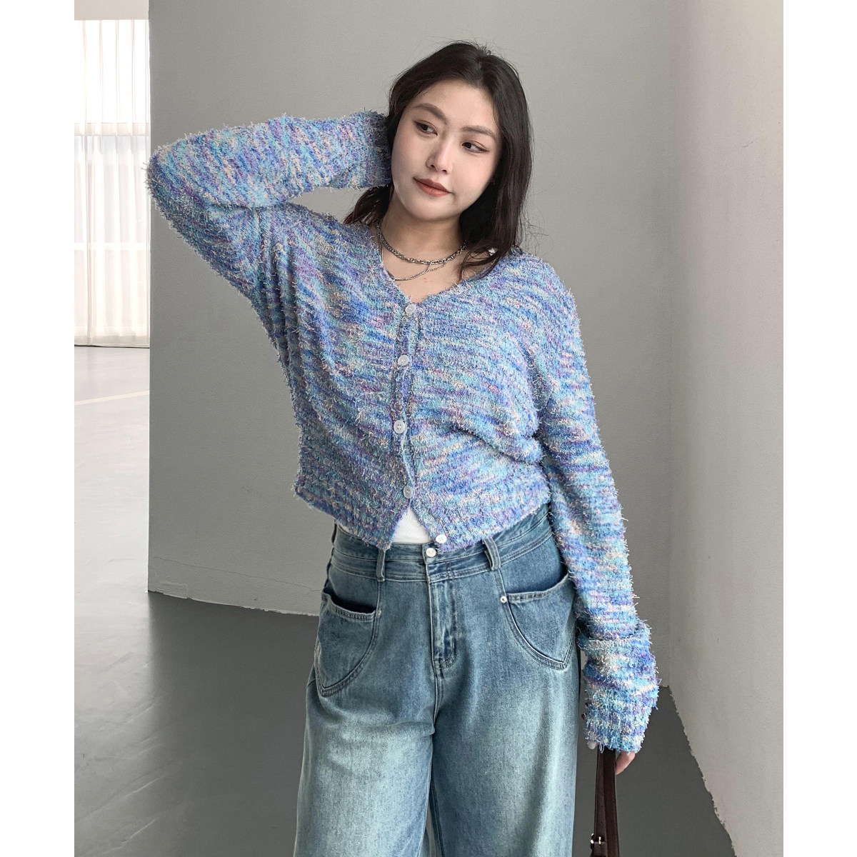 CV大码女装 秋季新款V领段染彩色长袖针织开衫内搭短款毛衣女胖MM,淘宝优惠券,粉丝福利购,淘宝优惠卷