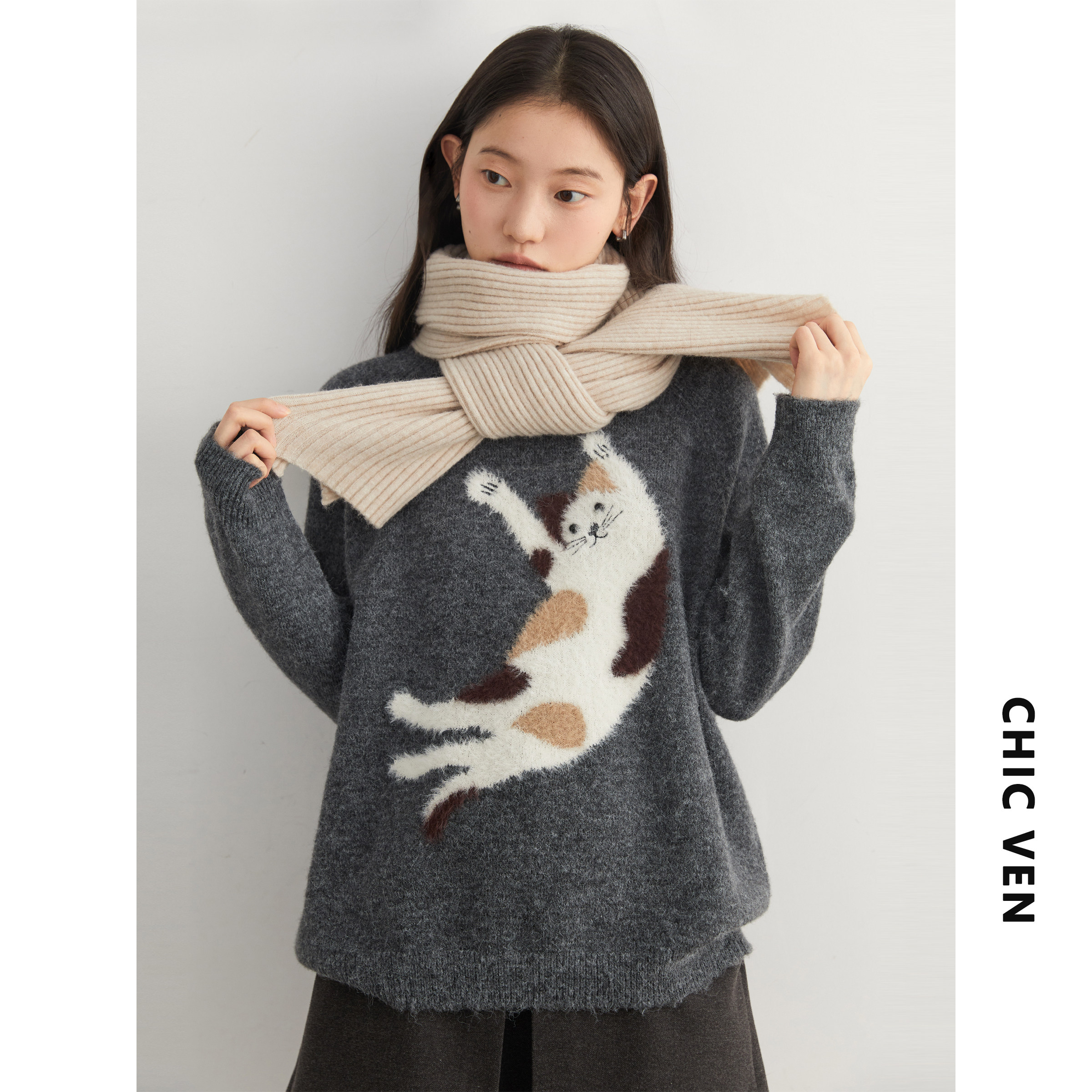 CV大码女装冬季新品圆领针织猫咪减龄羊毛毛衣保暖毛针织衫女胖mm,淘宝优惠券,粉丝福利购,淘宝优惠卷