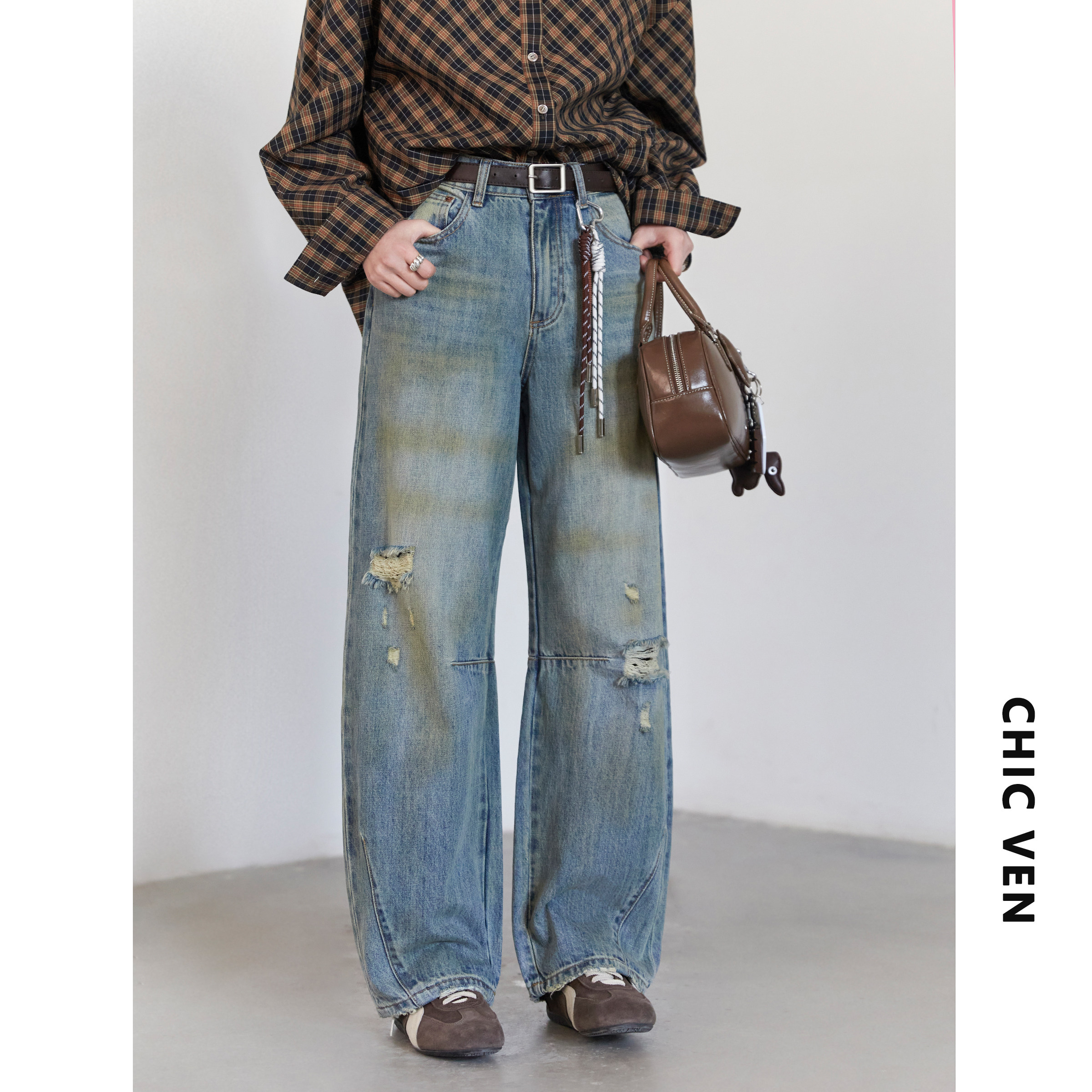 CV大码女装 秋季新款高腰泥染破洞废土牛仔裤弯刀阔腿脏脏裤胖MM,淘宝优惠券,粉丝福利购,淘宝优惠卷