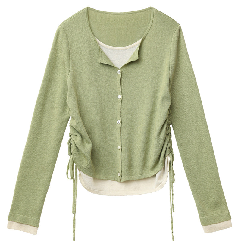 CV大码女装秋季新款韩系设计感假两件上衣抽绳收腰针织衫女胖妹mm,淘宝优惠券,粉丝福利购,淘宝优惠卷