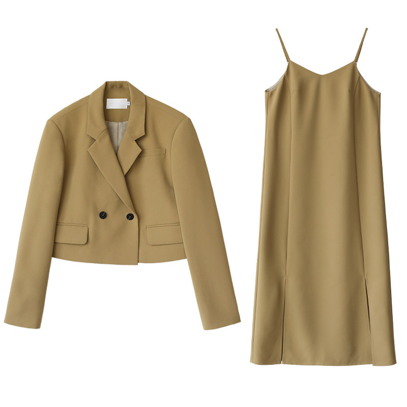 CV大码女装 早秋复古气质双排扣西装外套开叉V领吊带连衣裙套装秋,淘宝优惠券,粉丝福利购,淘宝优惠卷