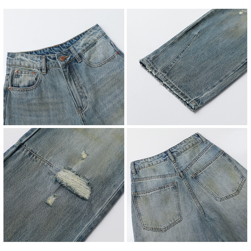 CV大码女装 秋季新款高腰泥染破洞废土牛仔裤弯刀阔腿脏脏裤胖MM,淘宝优惠券,粉丝福利购,淘宝优惠卷