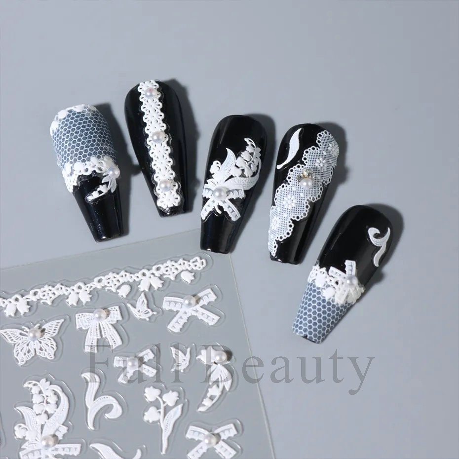 新款白色珍珠蕾丝美甲贴纸ins蝴蝶飘带法式丝带手绘5D背胶指甲贴 - 图2