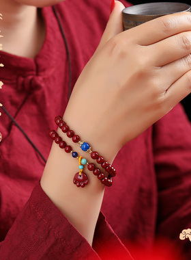 天然朱砂手串女两圈原矿紫金砂转运珠多圈手链饰品本命年送礼物