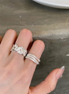 包邮甜美褶皱小花朵戒指女气质独特个性叠戴百搭S925镀银开口食指