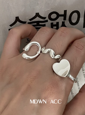 包邮韩版S925镀银不规则树叶戒指女复古时尚简约翘边爱心几何开口