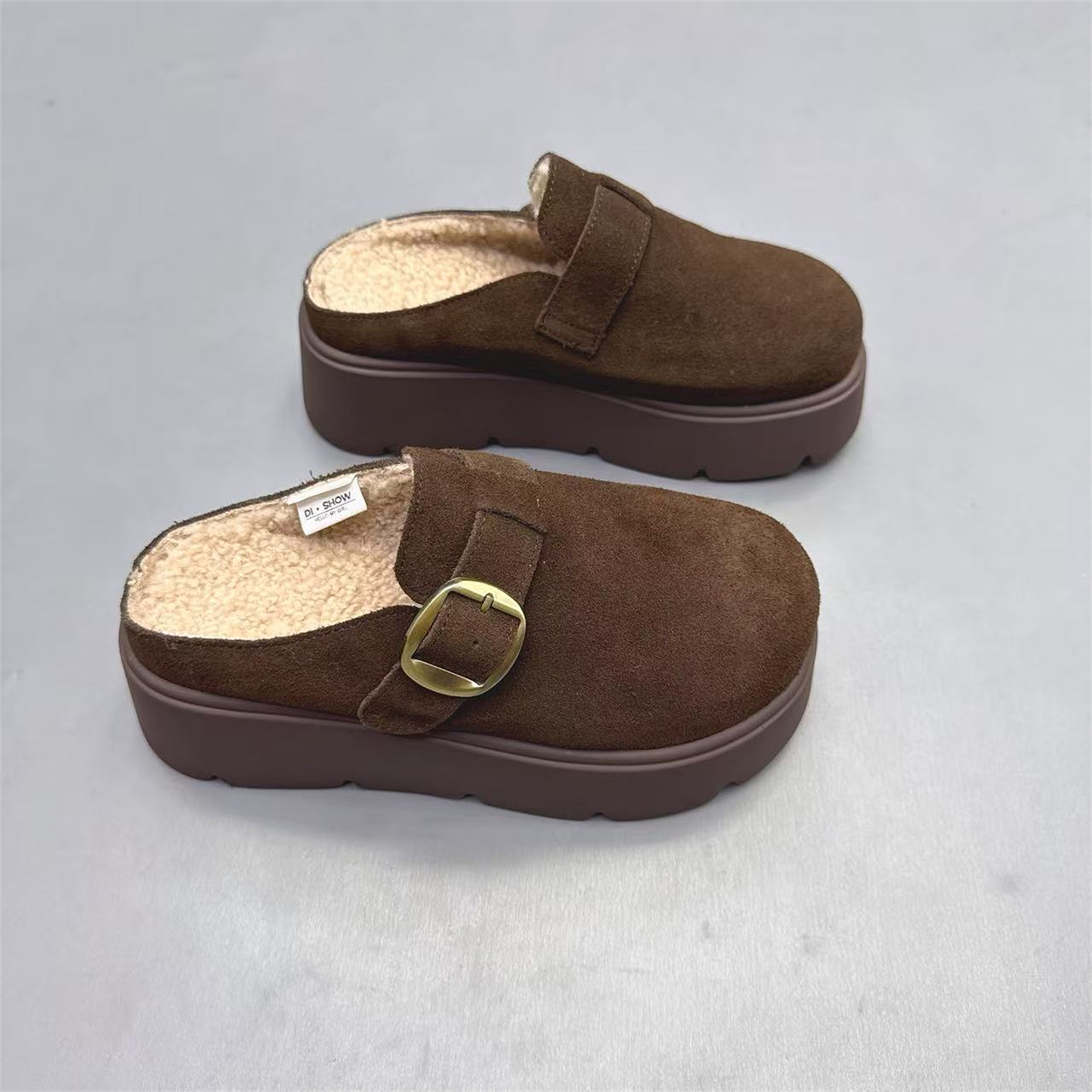 真皮女鞋厚底增高6CM加绒包头半拖鞋2025冬新款外穿保暖勃肯拖鞋 - 图2