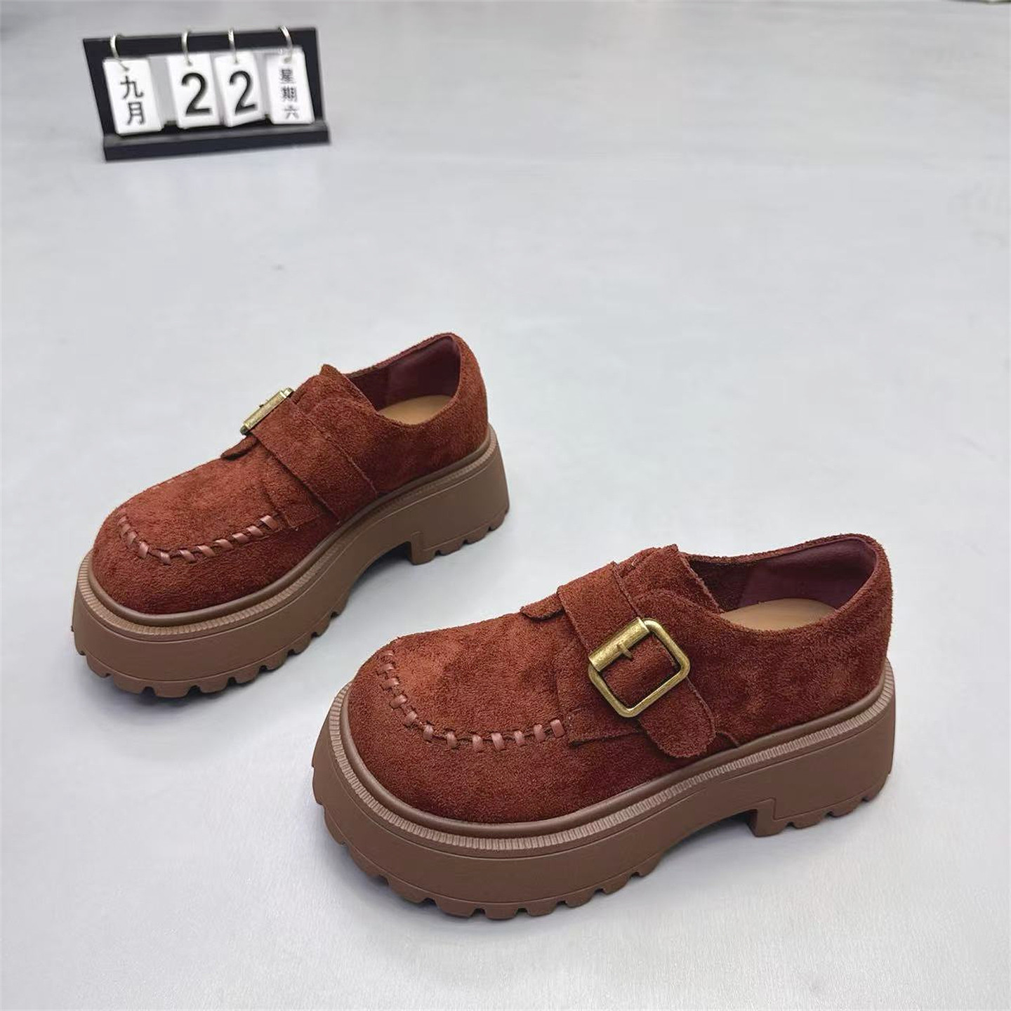 真皮女鞋法式厚底增高6CM乐福鞋2025秋新款圆头皮带扣勃肯袋鼠鞋 - 图0