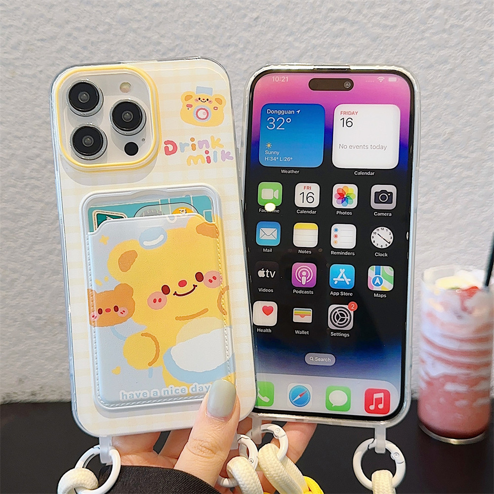 黄油小熊可爱卡包适用iPhone14苹果15Promax手机壳13挂绳12女15潮16Promax新款可爱16插卡