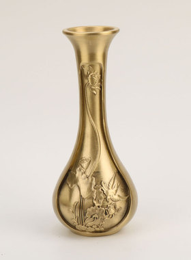 黄铜花瓶摆件家居插花铜荷花茶道花插复古迷你创意摆设香道用品