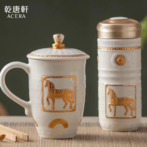 活瓷杯乾唐轩中式水杯陶瓷杯鎏金皇家骏马男士礼物定制送领导轻奢 - 图2