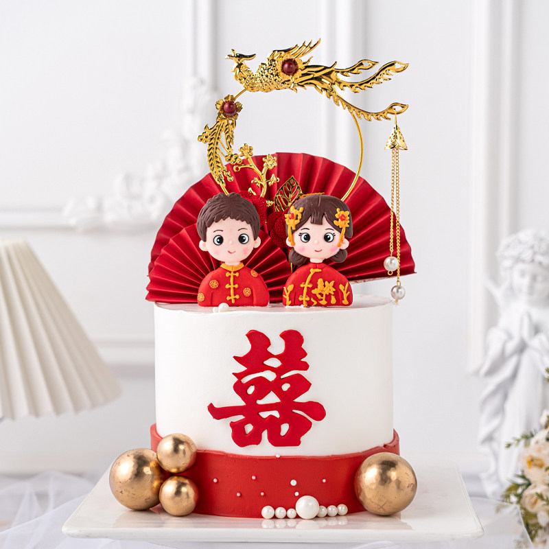 婚礼蛋糕装饰插件复古宫廷风凤凰花朵红色喜庆折扇纸扇双喜字插牌,淘宝优惠券,粉丝福利购,淘宝优惠卷