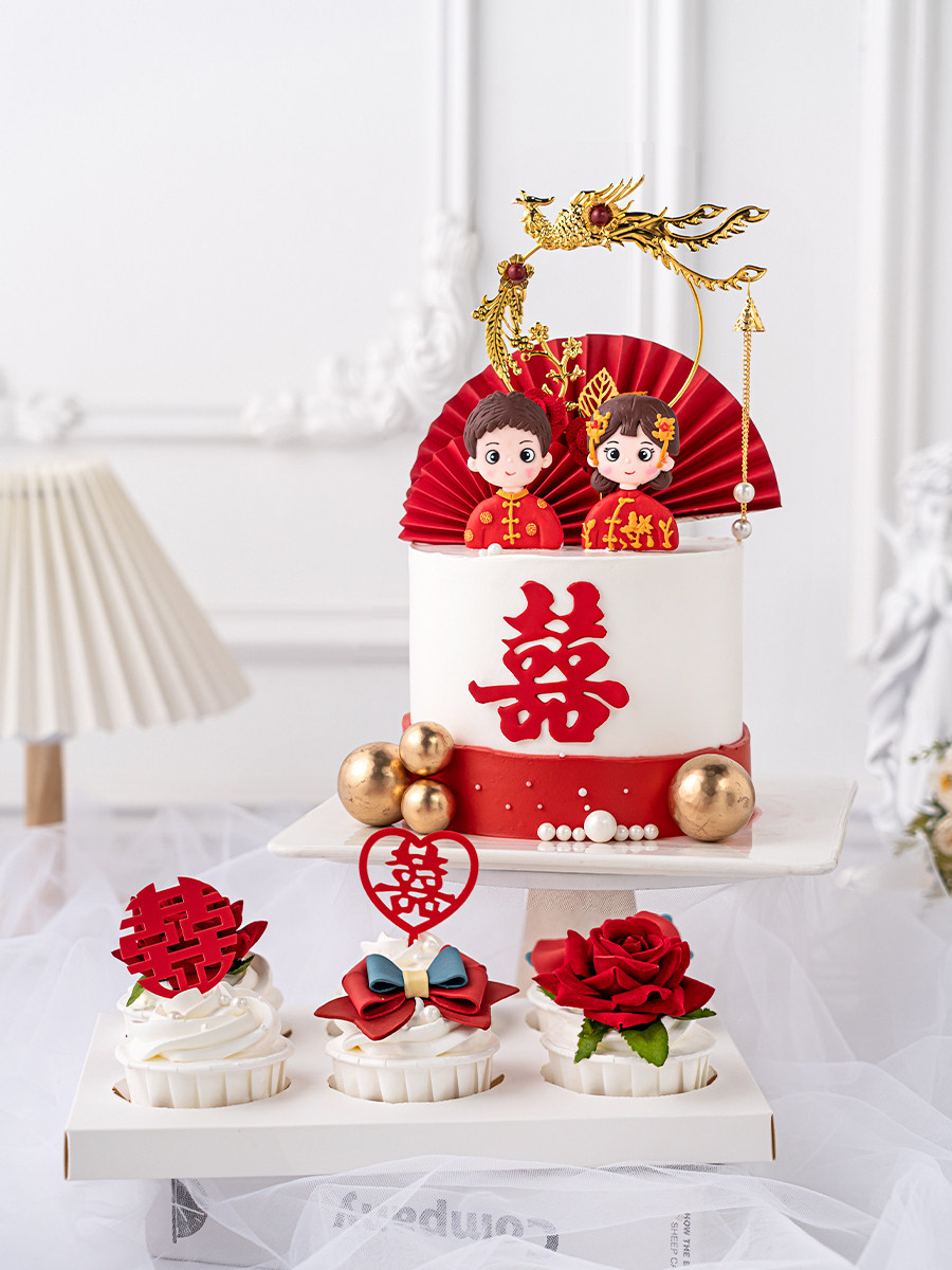 婚礼蛋糕装饰插件复古宫廷风凤凰花朵红色喜庆折扇纸扇双喜字插牌,淘宝优惠券,粉丝福利购,淘宝优惠卷