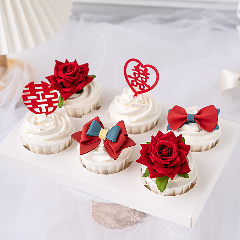 婚礼蛋糕装饰插件复古宫廷风凤凰花朵红色喜庆折扇纸扇双喜字插牌,淘宝优惠券,粉丝福利购,淘宝优惠卷