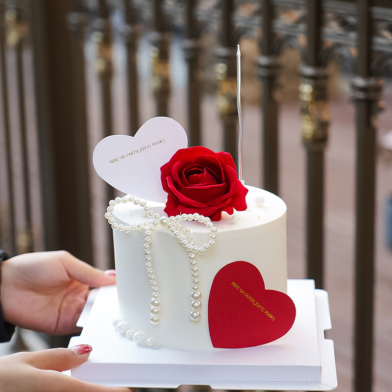 2.14情人节爱心浮雕卡片蛋糕装饰情侣告白插卡珍珠蝴蝶结甜品摆件