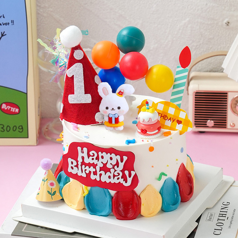 ins兔宝宝满月蛋糕装饰摆件可爱兔子男孩女孩周岁生日烘焙插件