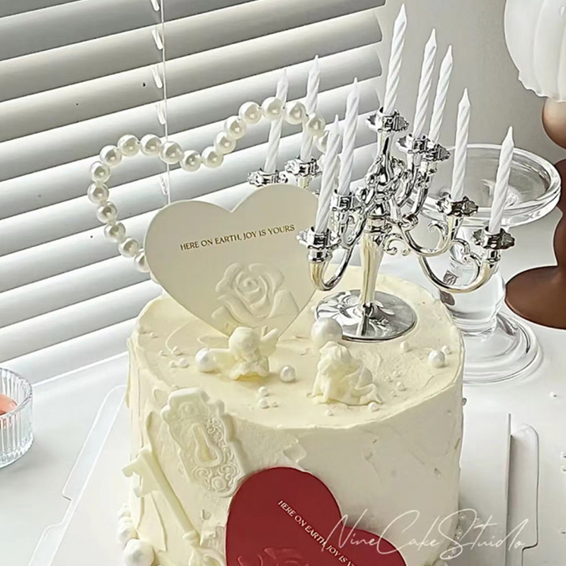 网红2025情人节蛋糕装饰珍珠爱心插件浮雕玫瑰花卡片烛台2.14插牌
