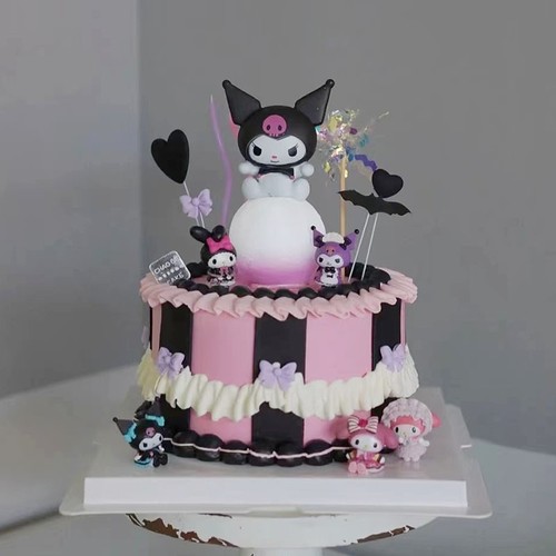 复古黑粉系库洛米蛋糕装饰带灯光摆件软条雨丝儿童宝宝生日插件