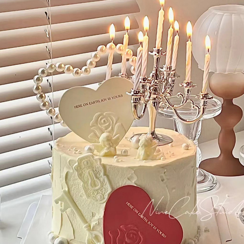 网红2025情人节蛋糕装饰珍珠爱心插件浮雕玫瑰花卡片烛台2.14插牌