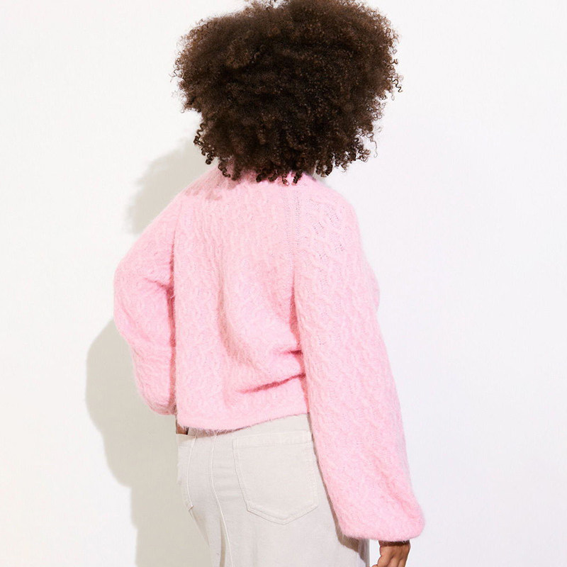 英伦美学OB 女款  粉色麻花泡泡袖宽松针织衫 D583,淘宝优惠券,粉丝福利购,淘宝优惠卷