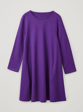北欧简约风CS 女款 紫色羊毛混纺圆领A字九分袖针织连衣裙 U504