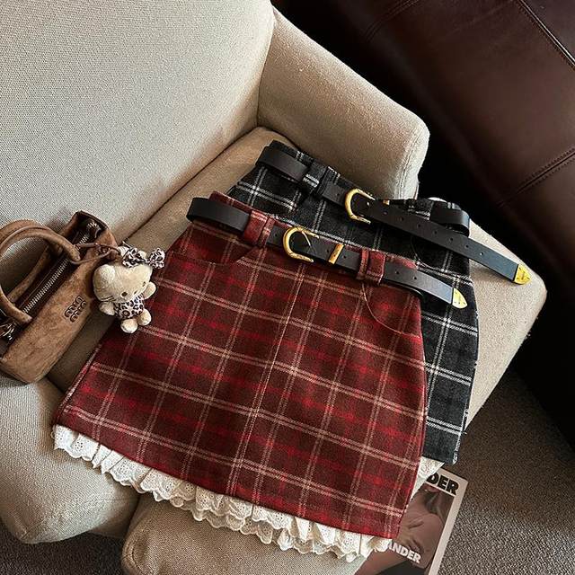 College style hip-hugging A-line skirt plus size autumn and winter sweet hottie patchwork lace plaid skirt retro woolen skirt