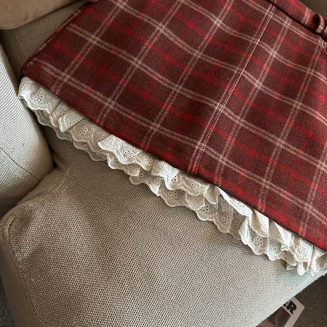 College style hip-hugging A-line skirt plus size autumn and winter sweet hottie patchwork lace plaid skirt retro woolen skirt