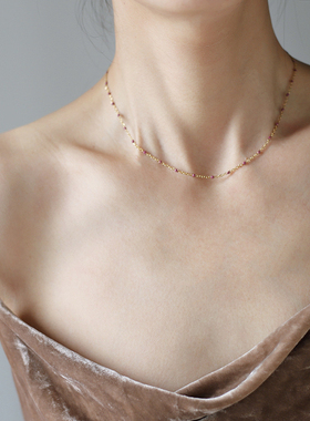 不掉色紫色浆果色滴油项链锁骨链彩色豆豆圆珠简约可叠戴颈链