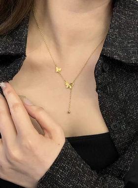 不掉色金色镭射蝴蝶流苏项链