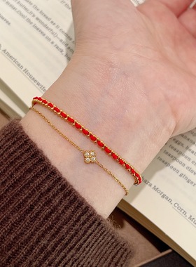 不掉色红色编织双层花朵锆石手链