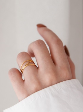 不掉色高级感多层几何线条戒指