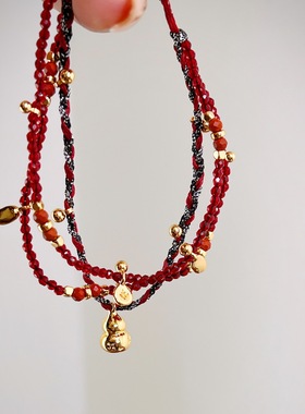 高品质小众多层金色葫芦红绳手链