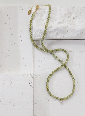 法式轻奢渐变橄榄绿锆石锁骨链项链女手工串珠抹茶叠戴颈链不掉色