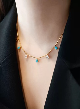 蓝色水滴锆石项链女金色显白