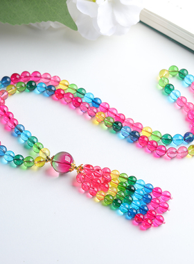 新款巴西彩虹水晶碧玺圆珠多圈鸽血红帕拉伊巴蓝女款毛衣链项链串