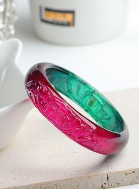 天然巴西老矿西瓜碧玺雕刻牡丹花红绿双色原创民族风鸽血红女手镯