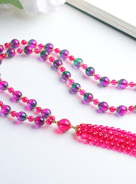 新款天然巴西彩虹西瓜碧玺圆珠多圈项链女款毛衣链原创大气鸽血红