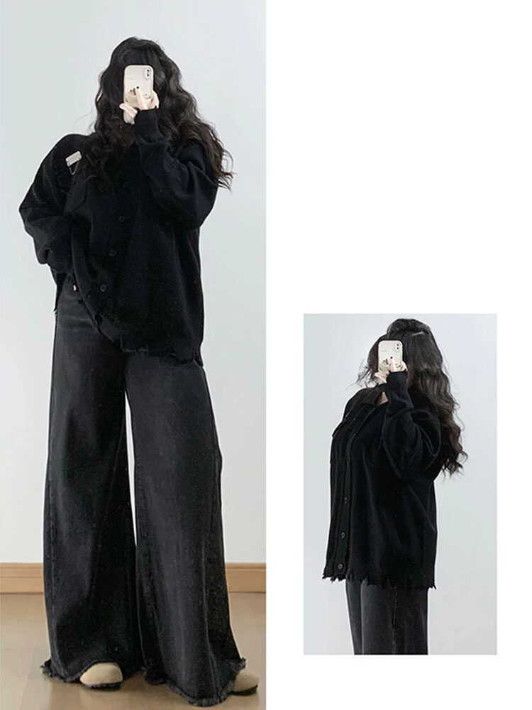 大码女装300斤黑色阔腿牛仔裤女春秋裤子胖mm梨型遮肉显瘦喇叭裤 - 图0