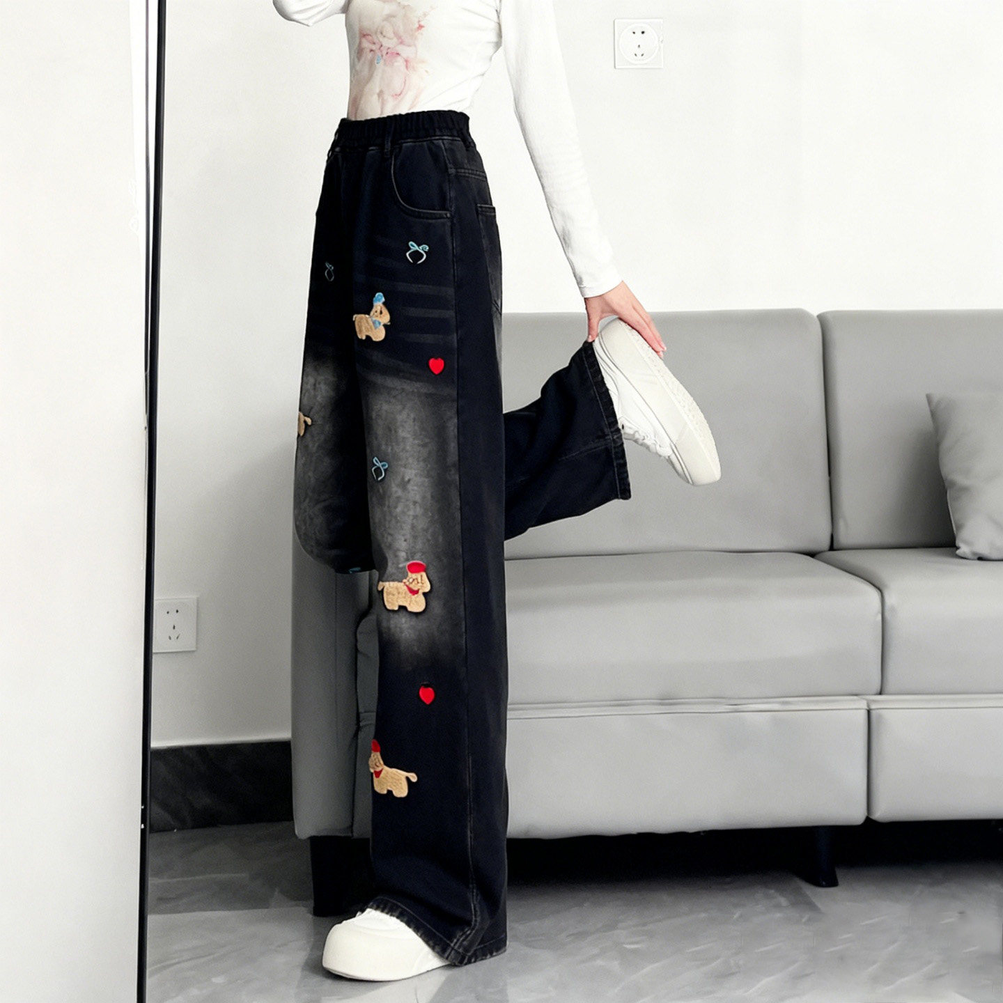 特大码女装胖mm加绒加厚卡通小狗刺绣牛仔裤女高腰显瘦阔腿裤子潮,淘宝优惠券,粉丝福利购,淘宝优惠卷