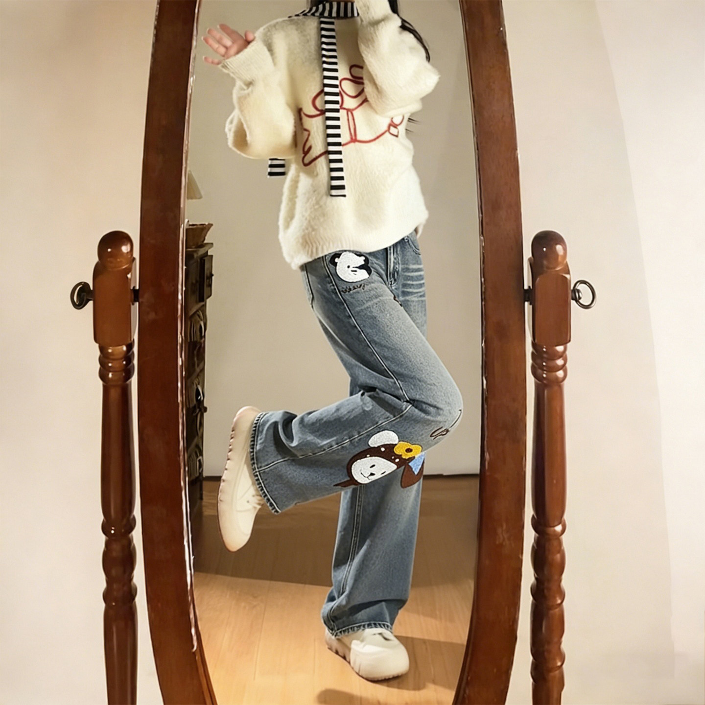 大码女装胖mm美式卡通风小狗贴布牛仔裤女高腰显瘦百搭直筒阔腿裤,淘宝优惠券,粉丝福利购,淘宝优惠卷